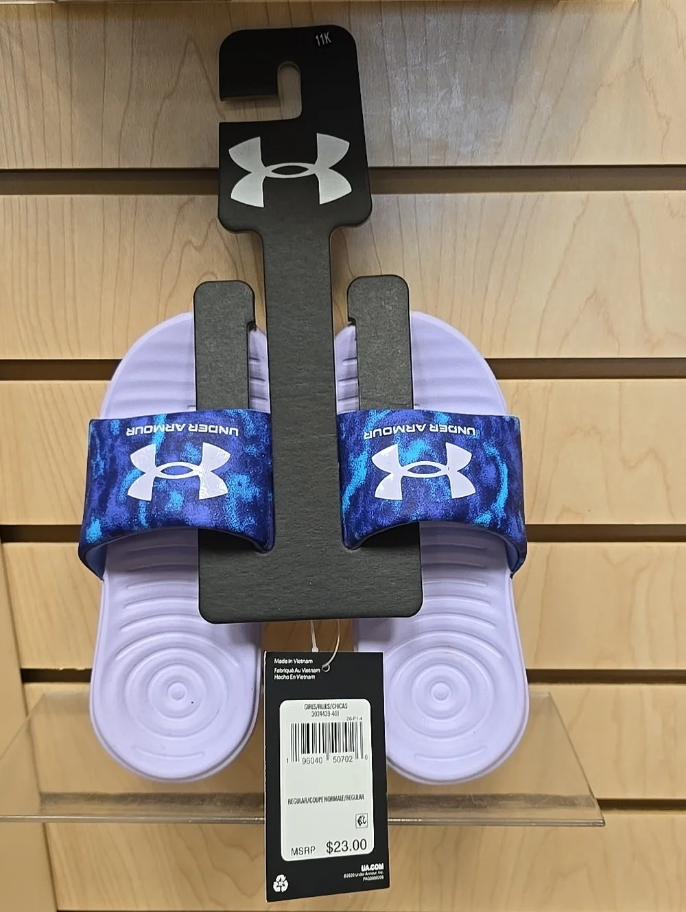Under Armour Kids' Lilac Slide Sandals with Blue Logo Strap